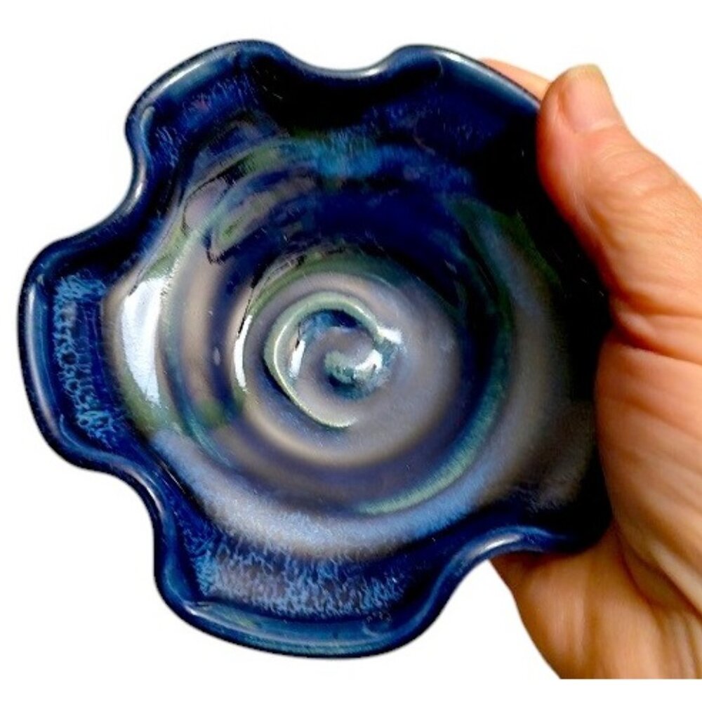 Small Brilliant Cobalt Blue Raku Swirl Ruffle Trinket Bowl